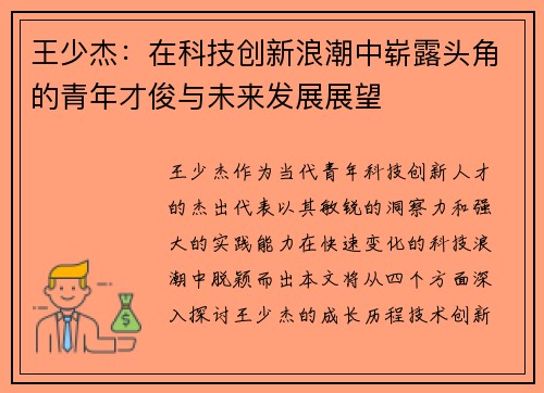 王少杰：在科技创新浪潮中崭露头角的青年才俊与未来发展展望